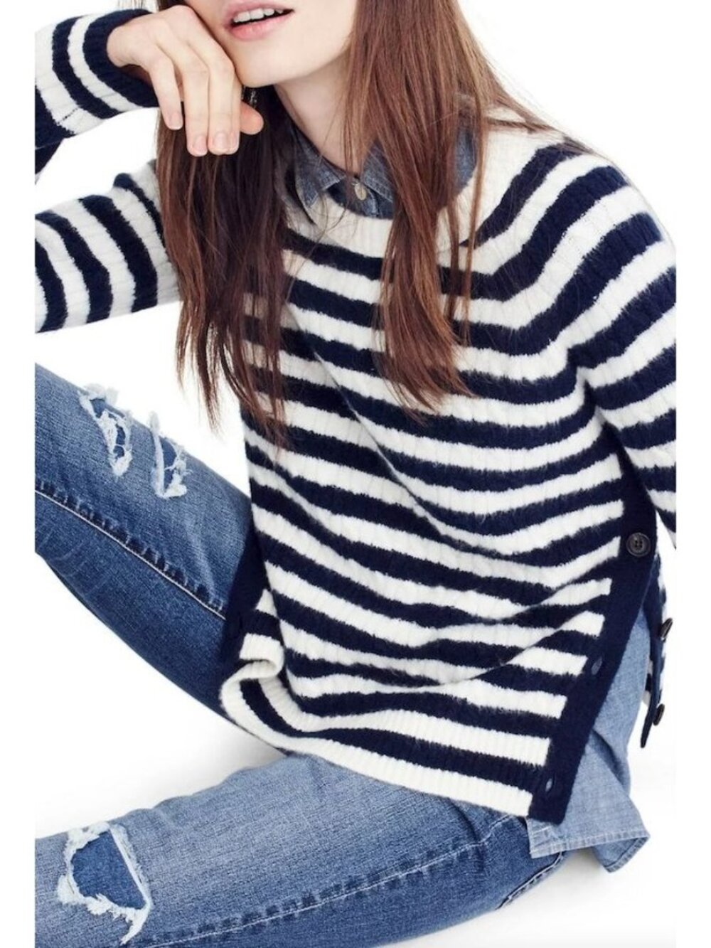 J. Crew Navy & Ivory Striped Button Side Sweater